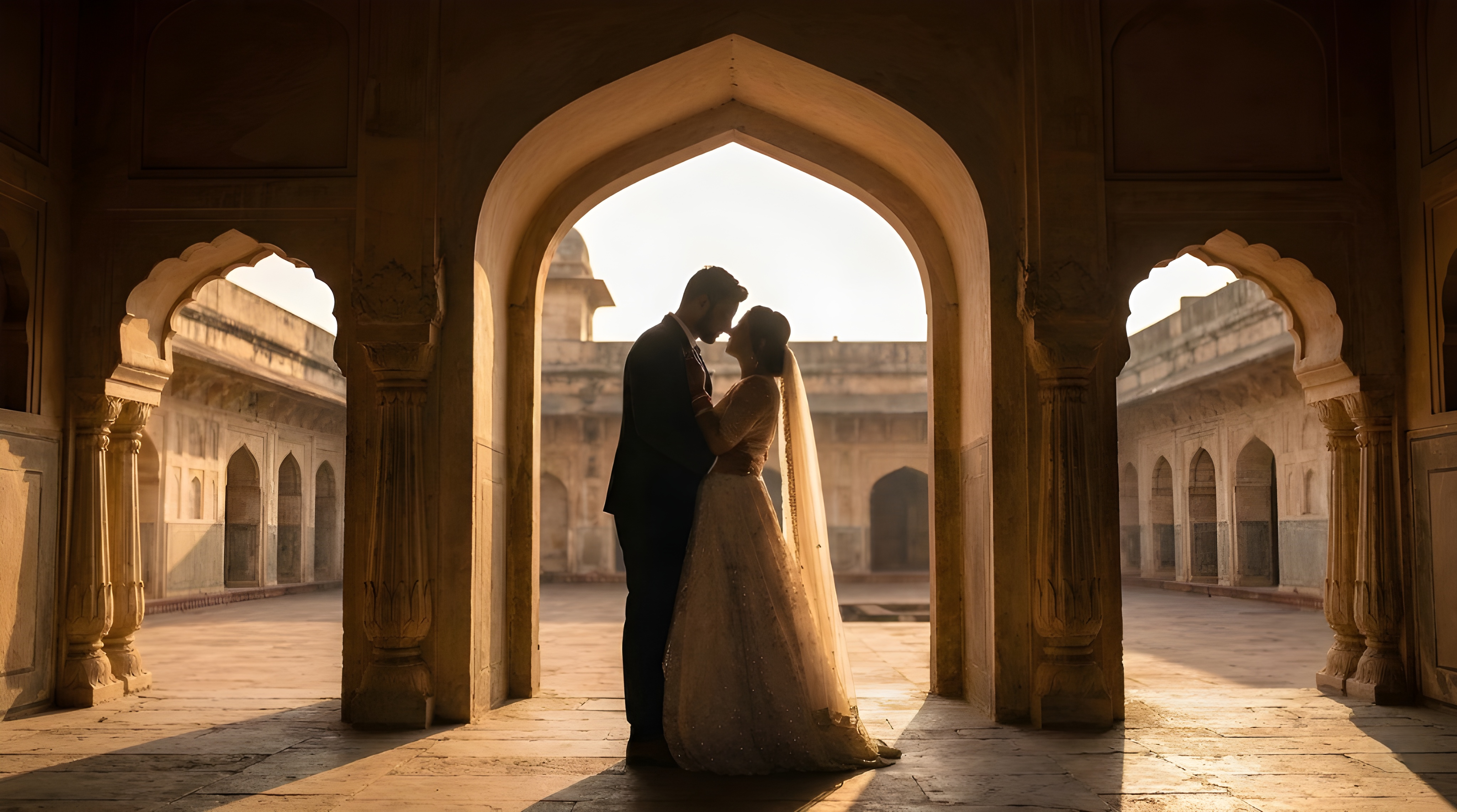 Wedding couple in a majestic archway